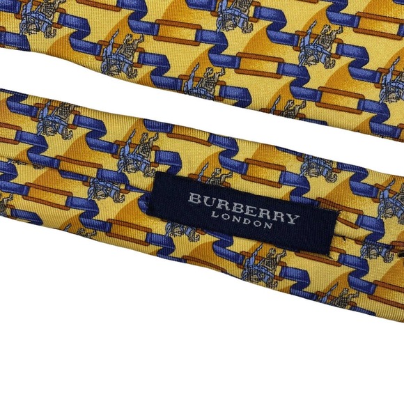 Burberry London Tie Silk Knight Logo Allover Yellow Gold Blue - Picture 3 of 8